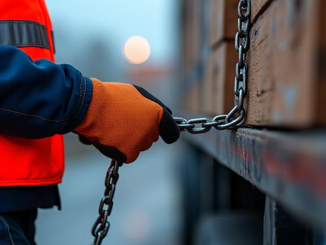 Professional driver securing a heavy construction load on a JLS flatbed trailer