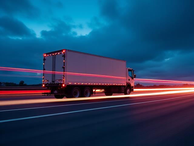 Hot shot truck accelerating on the highway at dusk