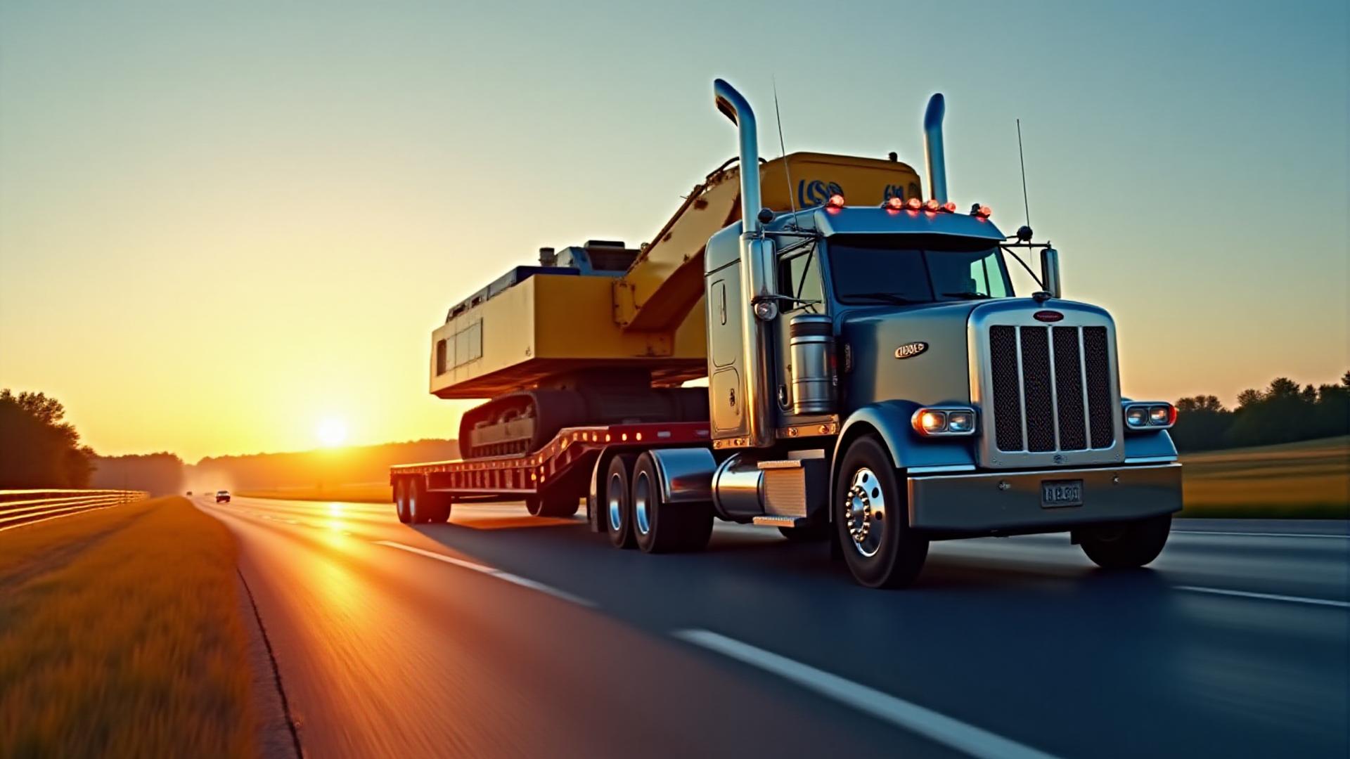 Oversize construction machinery being transported on a JLS lowboy trailer through North Carolina